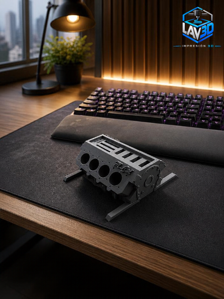 Organizador de escritorio inspirado en un motor V8, impreso en 3D por LAV3D, colocado junto a un teclado.