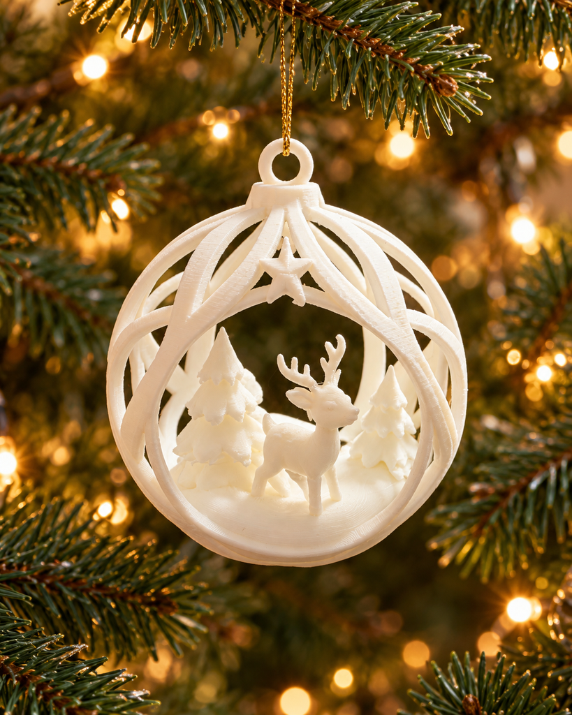 Adorno navideño blanco impreso en 3D con figuras de ciervos, colgado de un árbol de Navidad.